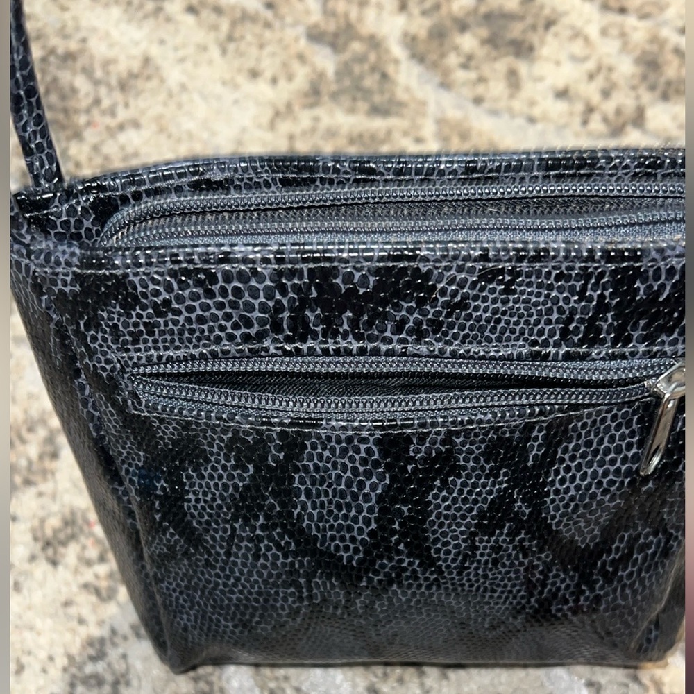 Black Textured Snake Design Shoulder Bag with Curved Handle